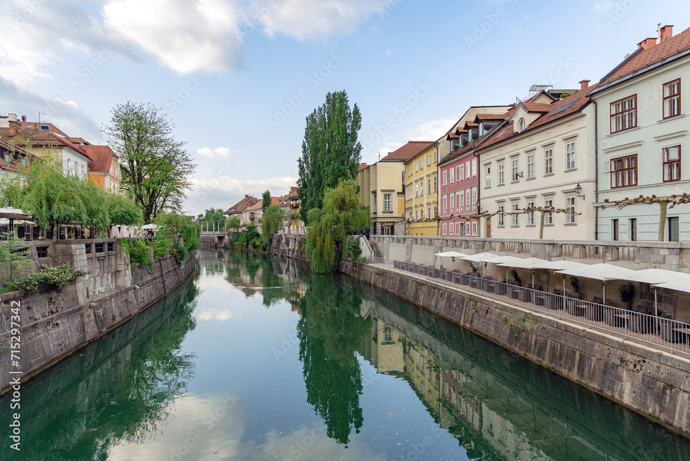 Cityscape view of the Ljubljanica river canal in the old town of Ljubljana, Slovenia