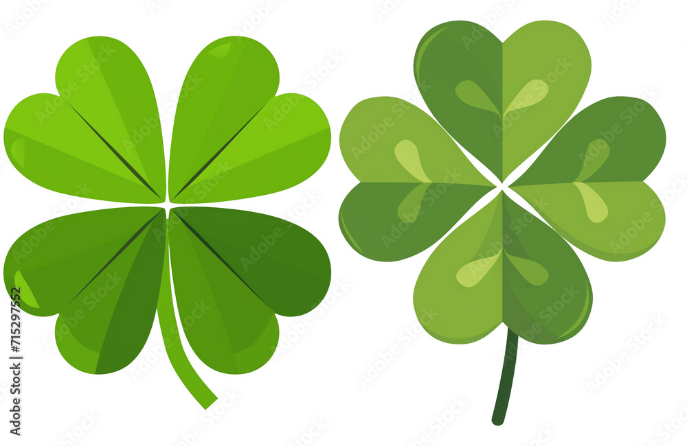 Two four-leaf vector flat design icons of clovers in varying shades of green, representing luck and associated with St Patrick's Day Two four-leaf vector flat design icons of clovers in varying shades of green, representing luck and associated with St Patrick's Day