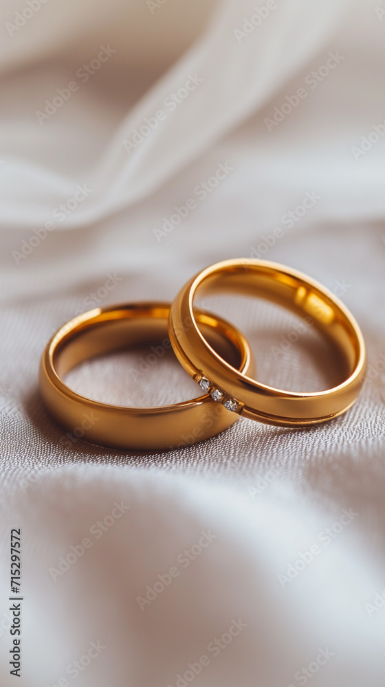 Two golden wedding rings interlinked on a silky fabric, symbolizing eternal love and the bond of marriage Two golden wedding rings interlinked on a silky fabric, symbolizing eternal love and the bond of marriage