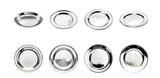Collection of various silver chrome-plated dishware isolated on a transparent background, versatile for dining and kitchen themes