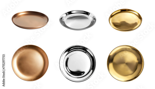 Assorted empty metallic plates in bronze, silver, and gold finishes isolated on a transparent background, suitable for dining and decoration concepts photo