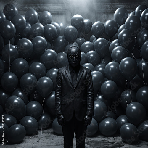 person dressed in black with black balloons