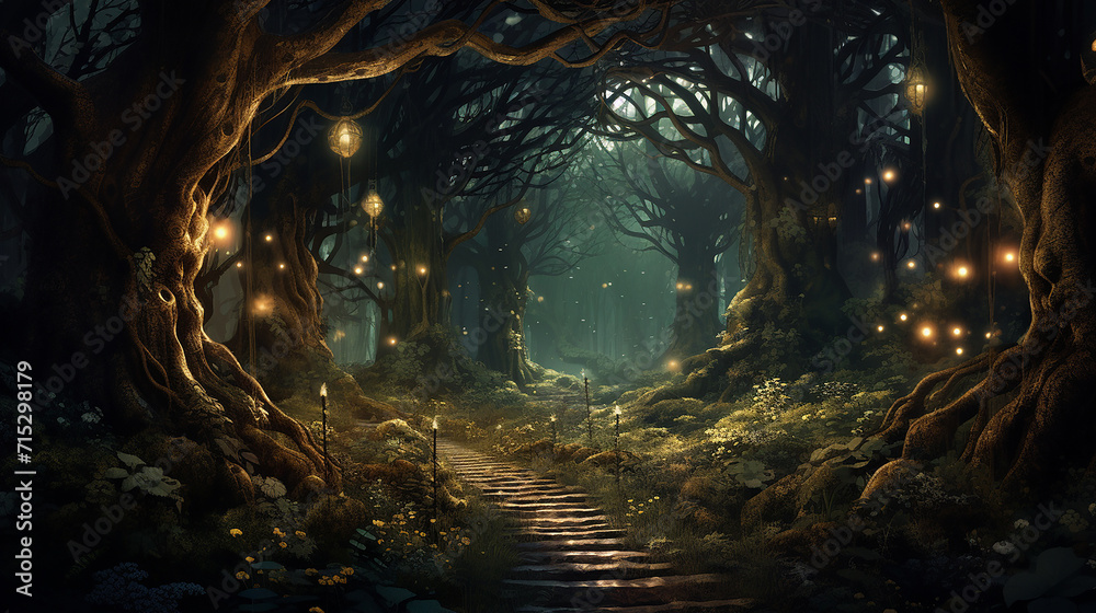 enchanted forest with pathways leading to hidden glades and a sense of adventure and mystery - obrazy, fototapety, plakaty 