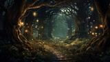 enchanted forest with pathways leading to hidden glades and a sense of adventure and mystery
