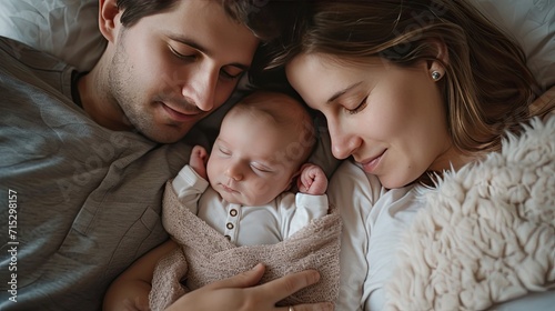 Highlight the tenderness of a family providing comfort sleeping and cuddles to their newborn photo
