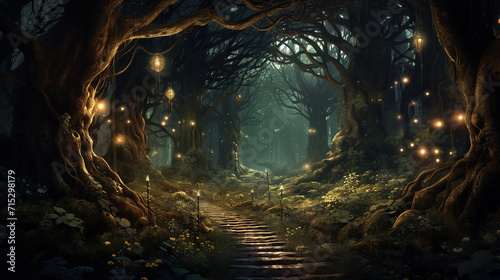 enchanted forest with pathways leading to hidden glades and a sense of adventure and mystery photo