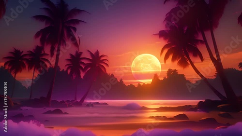 Beautiful tropical beach with palm trees at sunset. Retrowave fantasy landscape background. photo