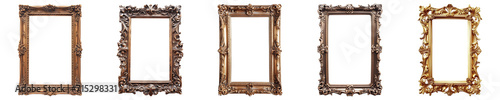 Collection of five vintage golden picture frames isolated on a transparent background, suitable for art display or gallery concepts