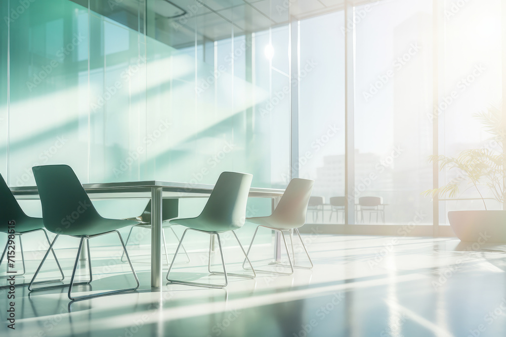 Experience the calming atmosphere of a contemporary office with this dreamy blurred background showcasing panoramic windows and soft light for a serene and productive environment. AI generative.