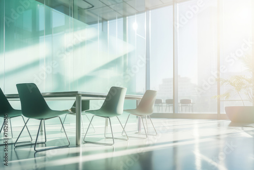 Experience the calming atmosphere of a contemporary office with this dreamy blurred background showcasing panoramic windows and soft light for a serene and productive environment. AI generative.
