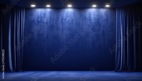 Blue stage with blue velvet curtains background 