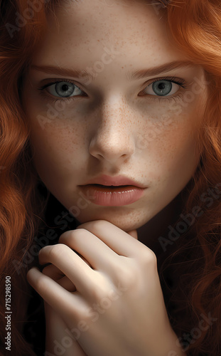 Young beautiful woman with blue eyes, red hair and freckles skin. Close up face beauty portrait. Studio photography for skincare, cosmetic or salon promotions