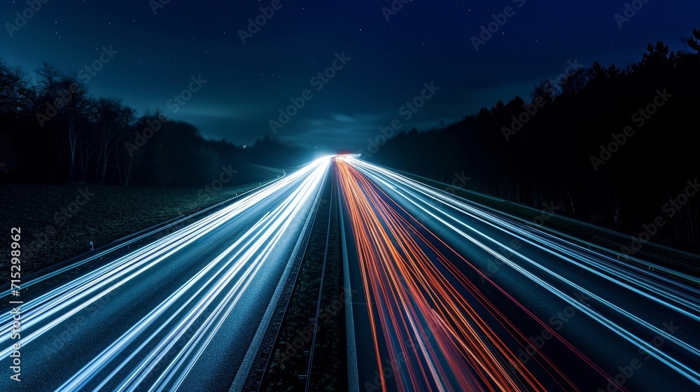An endless stream of light trails created by cars speeding along the highway gives a sense of motion and energy to the still night scene An endless stream of light trails created by cars speeding along the highway gives a sense of motion and energy to the still night scene