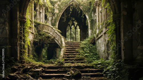a hauntingly beautiful scene of an abandoned ruin overtaken by nature,