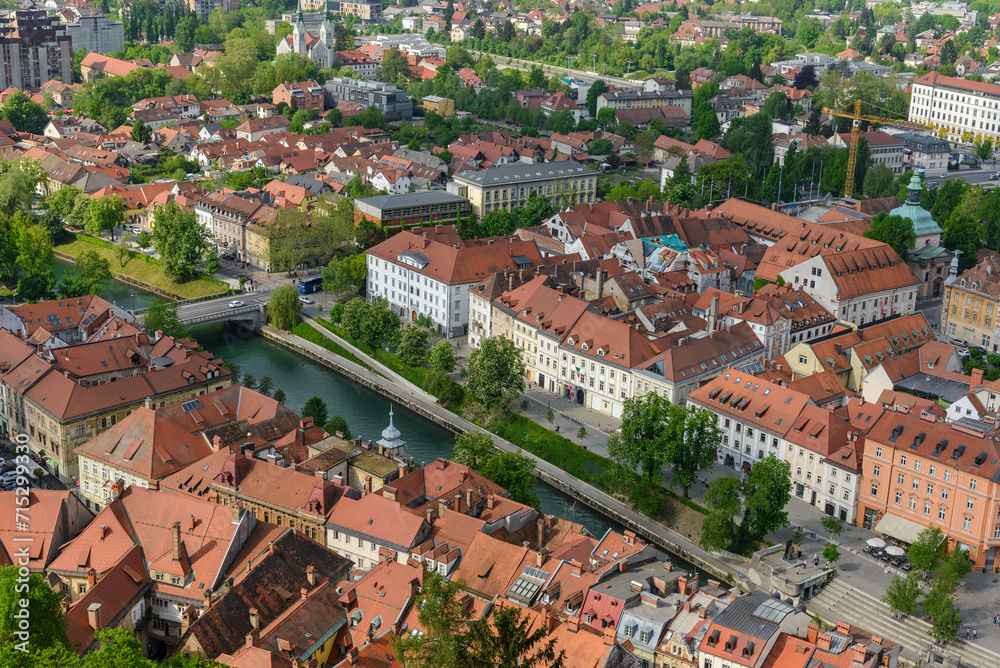 Obraz premium aerial view of the city Ljubljana, Slovenia. Red roofs of houses in a European city