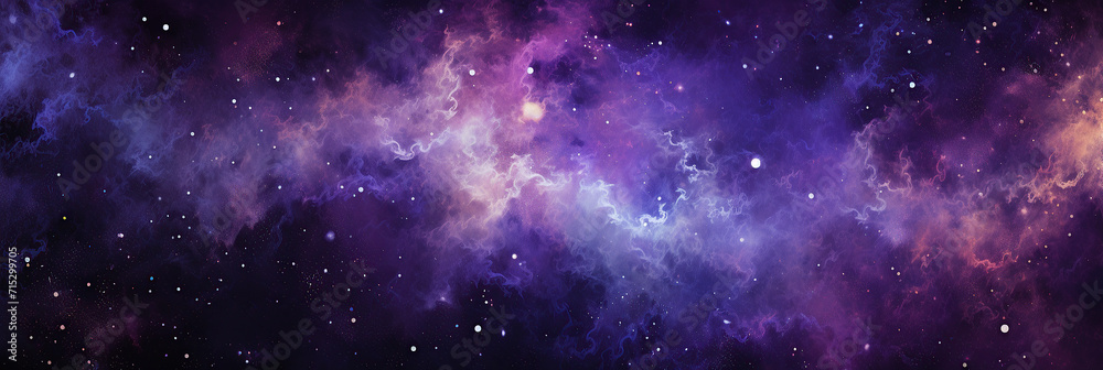 An ethereal galactic scene with clouds of interstellar dust and gas in various shades of purple and blue, with stars scattered throughout the cosmic mist.