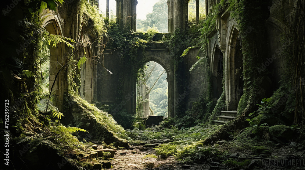 a hauntingly beautiful scene of an abandoned ruin overtaken by nature - obrazy, fototapety, plakaty 