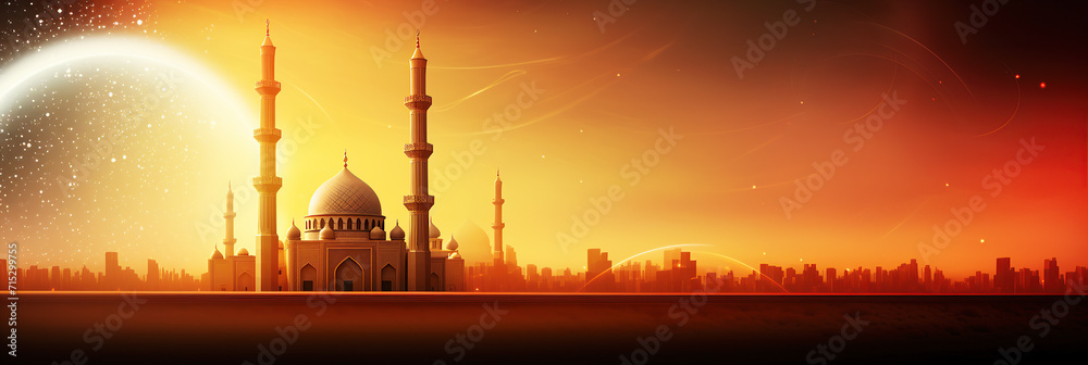 mosque at sunset,ramadan celebration islamic religion  banner