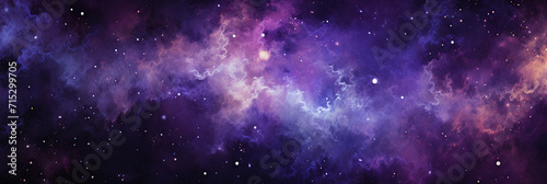 An ethereal galactic scene with clouds of interstellar dust and gas in various shades of purple and blue, with stars scattered throughout the cosmic mist.