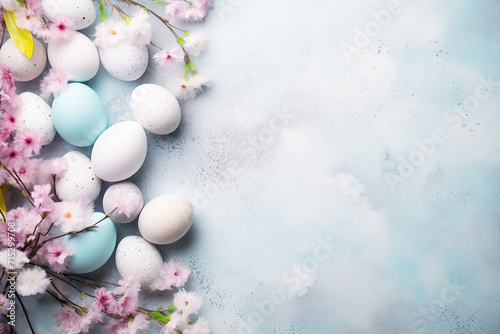 Happy Easter greeting card in pastel blue pink colours with copy space. Top view of eggs with flowers on blue background