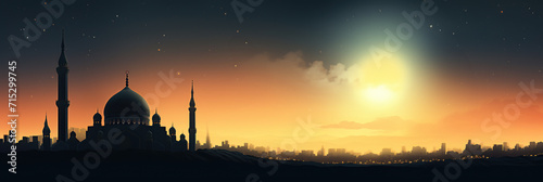 Mosque sunset sky, moon, holy night, islamic night and silhouette mosque, panaromic islamic wallpaper photo