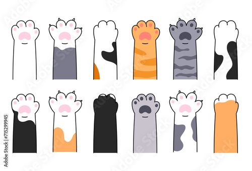 Cat paws, pet, animal hand,  set of comic, cartoon style illustrations. Vector doodle drawings.