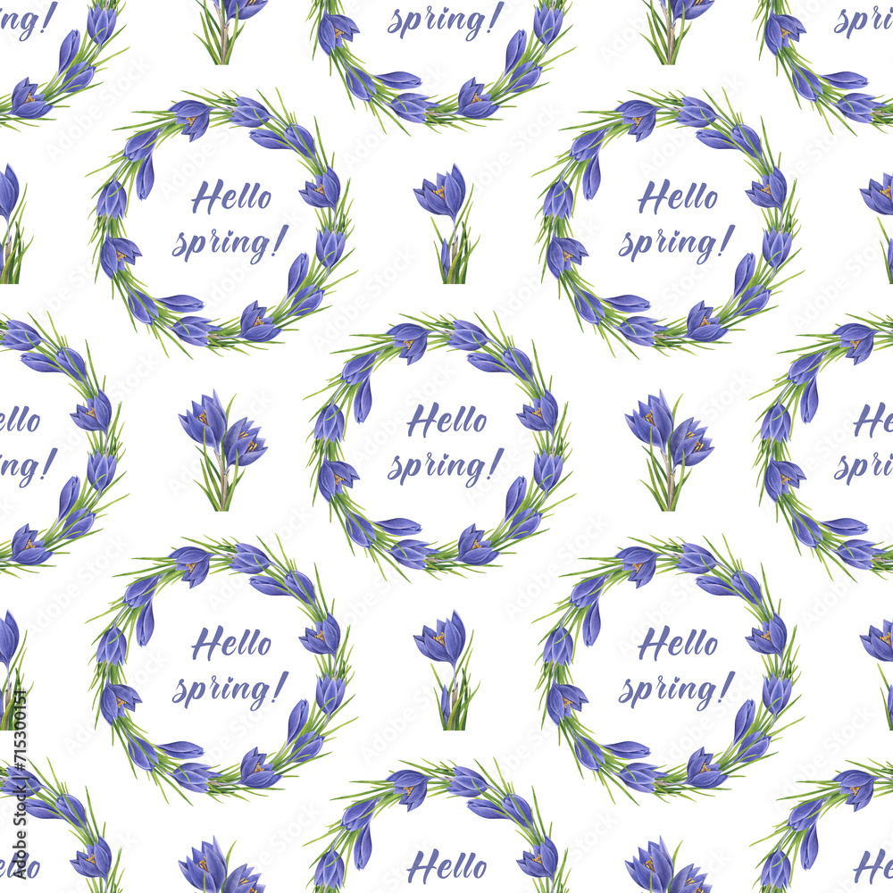 Spring floral seamless pattern with a wreath of crocuses and individual flowers. Watercolor floral background for scrapbooking and wrapping paper