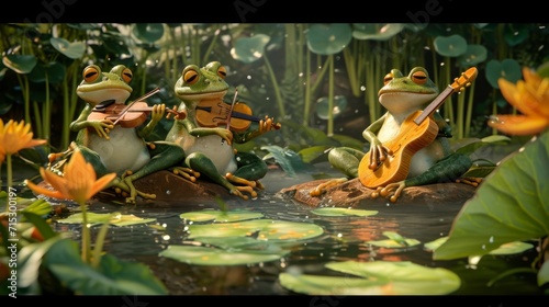 As the frogs prepare for their soldout concert they use lily pad leaves as makeshift stage curtains and can be seen tuning their instruments a violin made of a cattail an photo