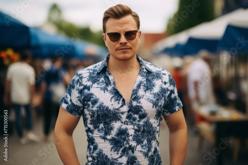 Portrait of a handsome young man in sunglasses and a shirt on the street.