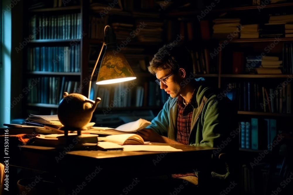 Dedicated student studying in a dimly lit room with books and a desk lamp, Generative AI Dedicated student studying in a dimly lit room with books and a desk lamp, Generative AI