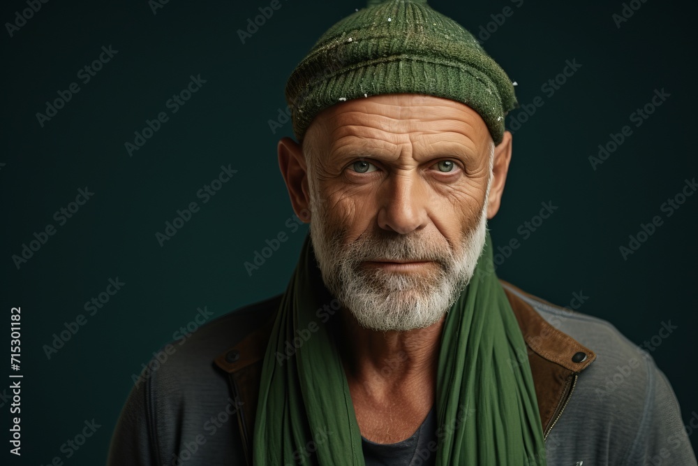 Portrait of an old man with a gray beard and a green knitted cap. Portrait of an old man with a gray beard and a green knitted cap.