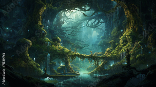 a whimsical fantasy scene showing a lush enchanted enchanted forest with mythical creatures photo