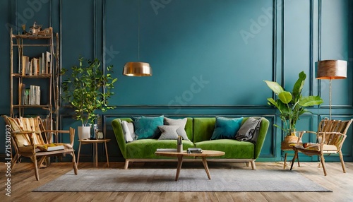 Aqua Accent Symphony: Bright Living Room with Green Sofa" © Sadaqat