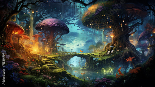 whimsical fantasy scene showing lush enchanted enchanted forest with mythical creatures AI designed