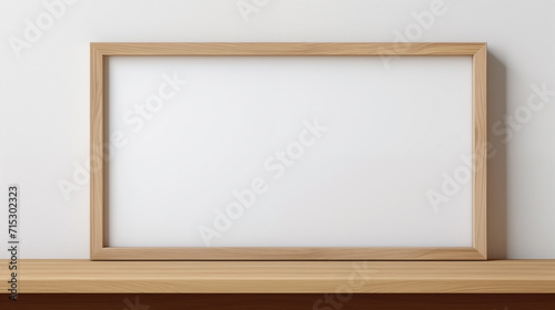 Cozy interior with empty wooden mockup frame on a shelf 