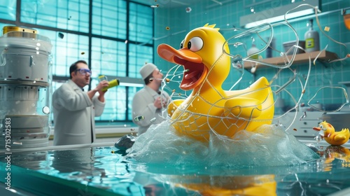 Cartoon scene In a laboratory a group of scientists is conducting experiments on a captured alien when suddenly a giant rubber duck crashes through the window an