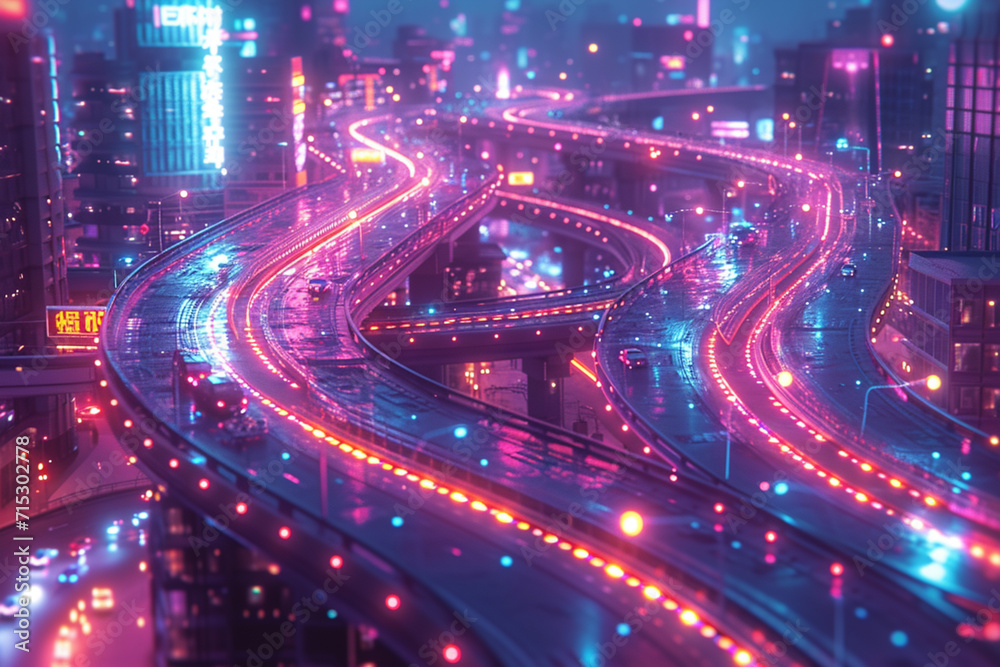 A depiction of a surreal neon transportation hub, with tracks and roads intertwining in a complex, maze-like fashion. A depiction of a surreal neon transportation hub, with tracks and roads intertwining in a complex, maze-like fashion.