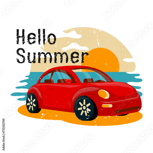 Summer background with car, sea, beach. Hello Summer. Concept of beach vacation. Vacation and relaxation. Vacation, tourism, summer trip, vacation. Vector illustration