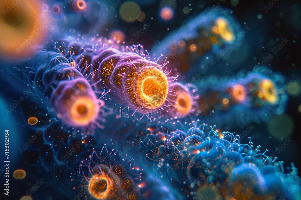 A portrayal of a microscopic aquatic ecosystem, with neon plankton and microorganisms.