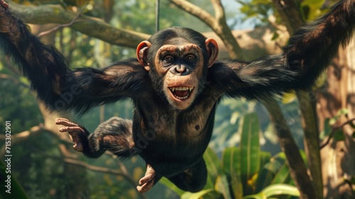 A grinning chimpanzee swinging through the trees using its long arms to exee an impressive king dancer pose photo