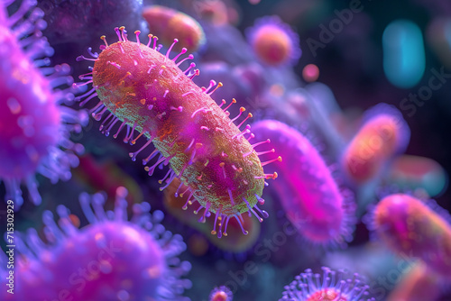 A depiction of a vibrant 3D bacterial colony  reimagined with neon colors and lights.