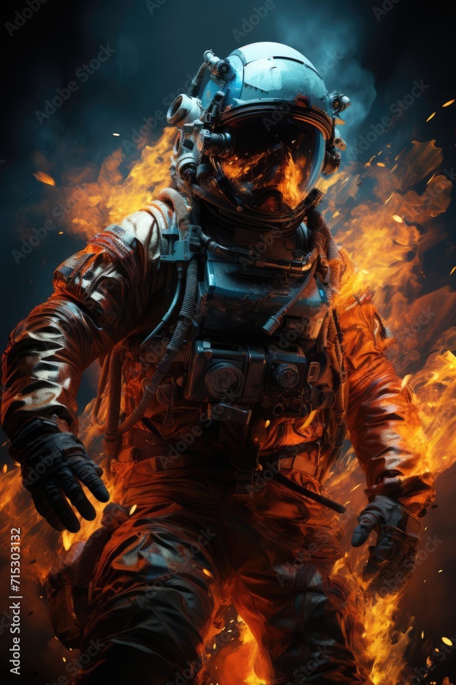 Epic shot, astronaut in flames standing on a black background, in the style of game wallpaper, chromepunk, hdr, ultra realistic, light cyan and red, epic composition, epic pose, vibrant colors, ultra 