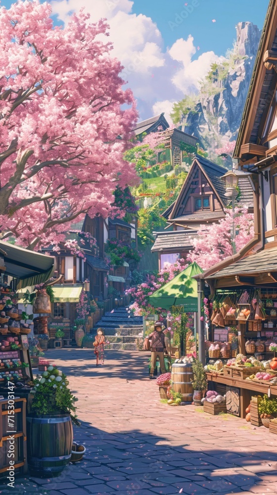 A charming Easter market with stalls filled with handmade crafts, surrounded by blooming cherry trees and cheerful springtime colors.