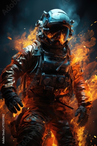 Epic shot, astronaut in flames standing on a black background, in the style of game wallpaper, chromepunk, hdr, ultra realistic, light cyan and red, epic composition, epic pose, vibrant colors, ultra  photo