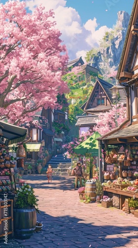 Obraz na płótnie A charming Easter market with stalls filled with handmade crafts, surrounded by blooming cherry trees and cheerful springtime colors. w salonie