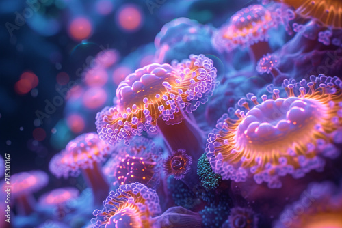 An image of a fantastical neon microbe  with surreal shapes and vivid colors.