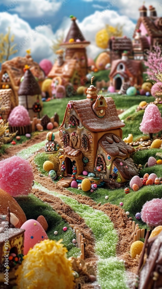 A charming Easter bunny village, with cottages made of chocolate and candy, nestled in a field of sugar-coated grass.