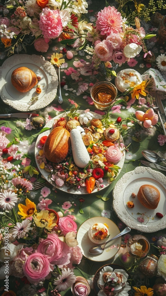 A charming scene of family members bonding over a delicious Easter brunch, surrounded by fresh flowers and vibrant spring colors.