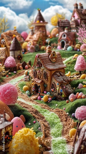 Obraz na płótnie A charming Easter bunny village, with cottages made of chocolate and candy, nestled in a field of sugar-coated grass. w salonie
