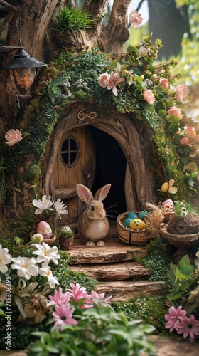 A charming rabbit burrow entrance adorned with Easter decorations, hinting at the festive celebrations happening within.